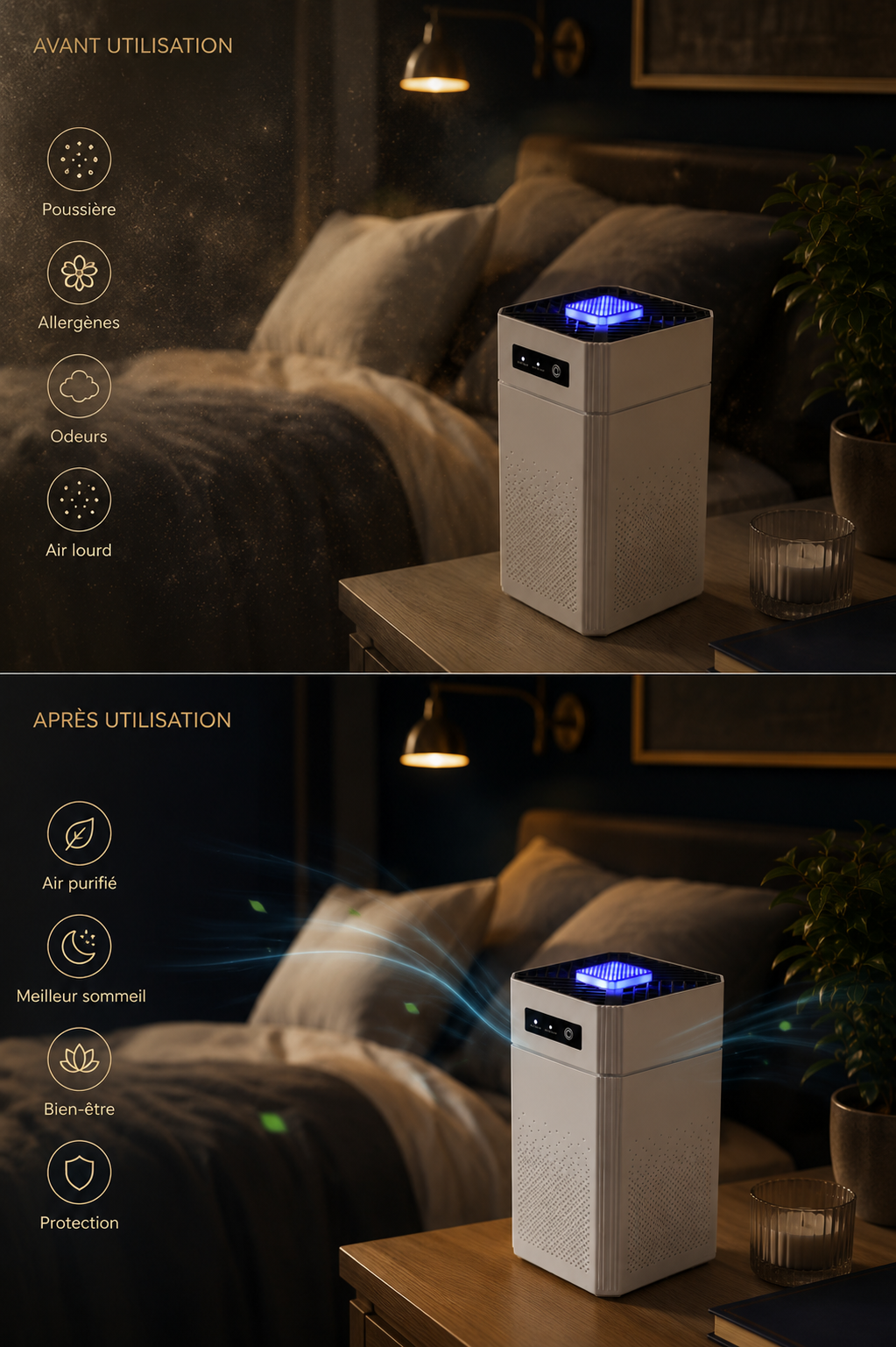 Purificateur d'air silencieux Zymlux ≤30 dB — conçu pour vos nuits, n'interrompt pas le sommeil profond