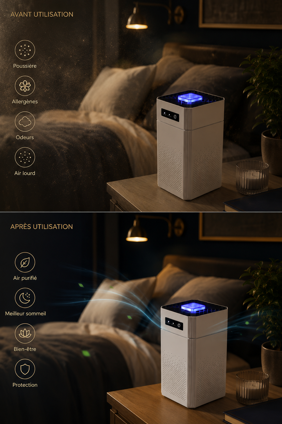 Purificateur d'air silencieux Zymlux ≤30 dB — conçu pour vos nuits, n'interrompt pas le sommeil profond