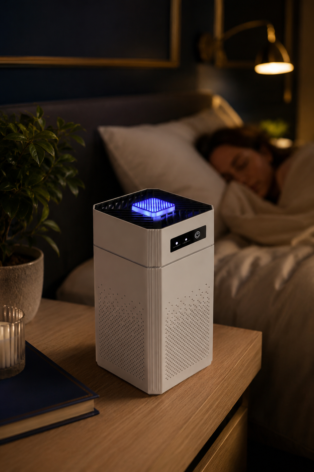 Purificateur d'air Zymlux blanc posé sur table de chevet — chambre à coucher apaisante, ambiance feutrée pour mieux dormir